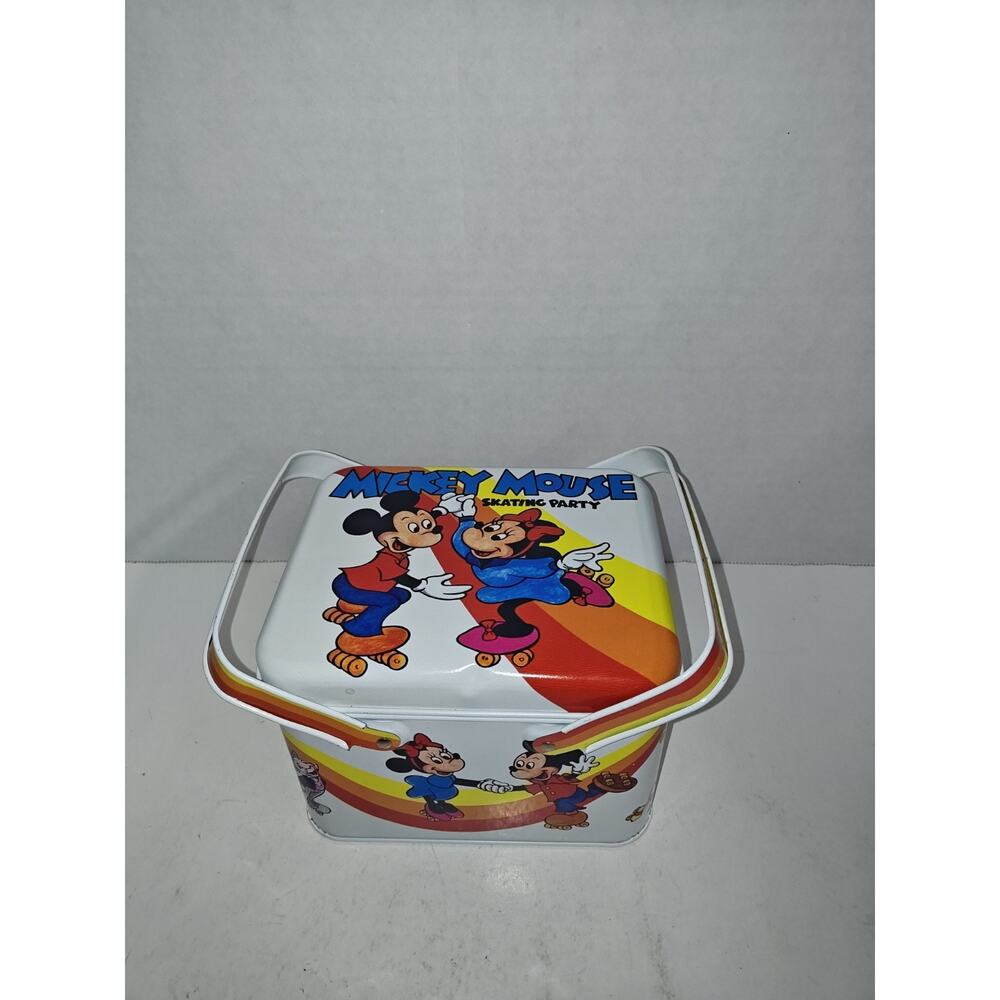 Walt Disney Vintage Mickey Mouse Skating Party Double Handle Rare Lunch Tin Box